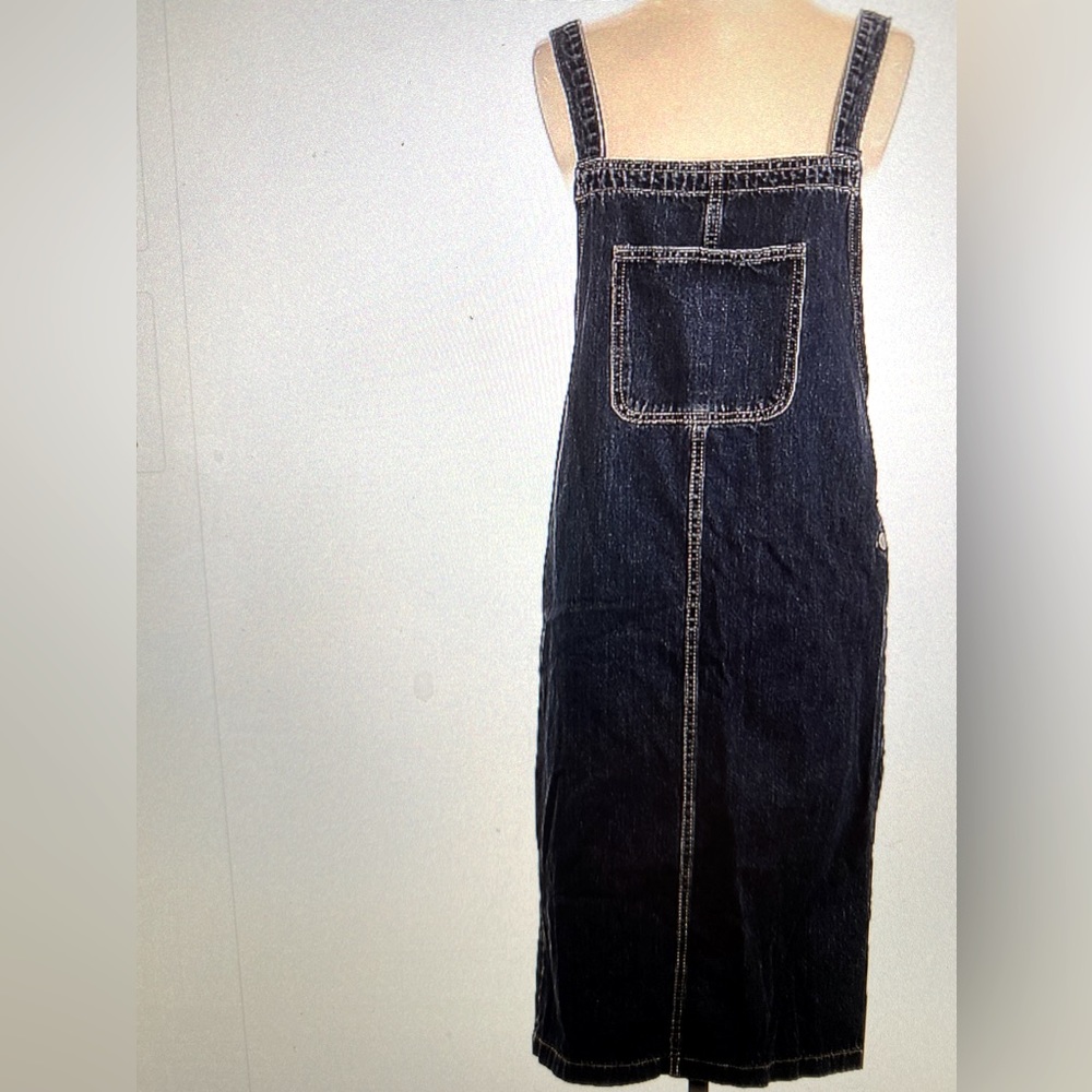 overall denim dress contrast stitching front patch pocket adjustable Straps S - Picture 2 of 10